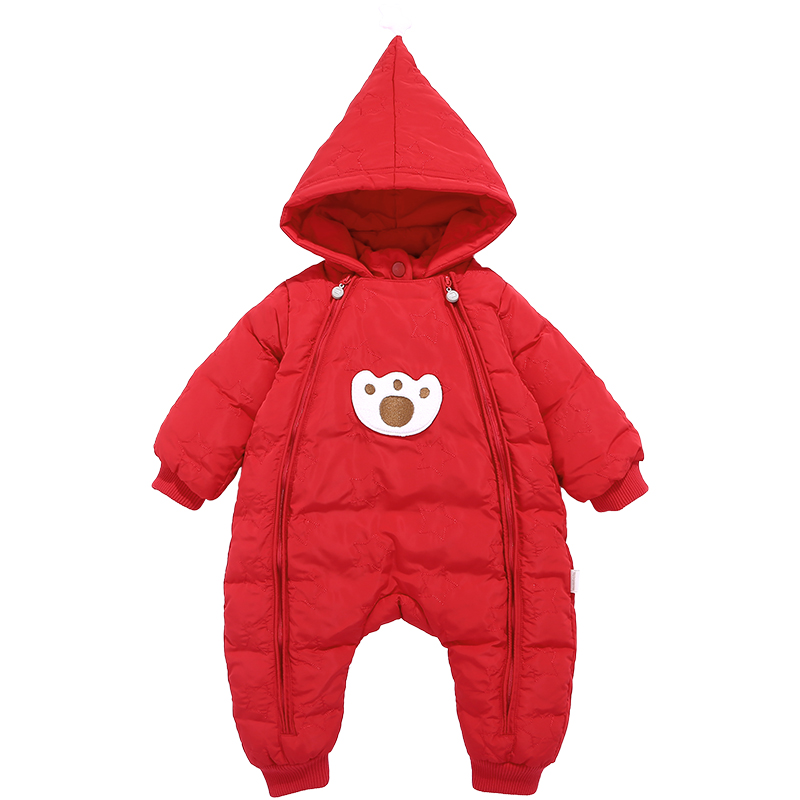 麦拉贝拉婴儿羽绒服连体衣冬季保暖装红色宝宝爬爬服哈衣外出服